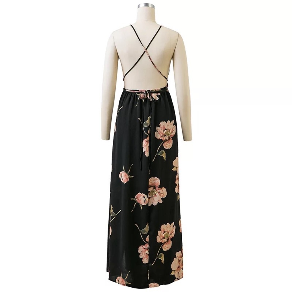 NEW Black Floral V-neck Crossback Strap Maxi Dress - Picture 5 of 8